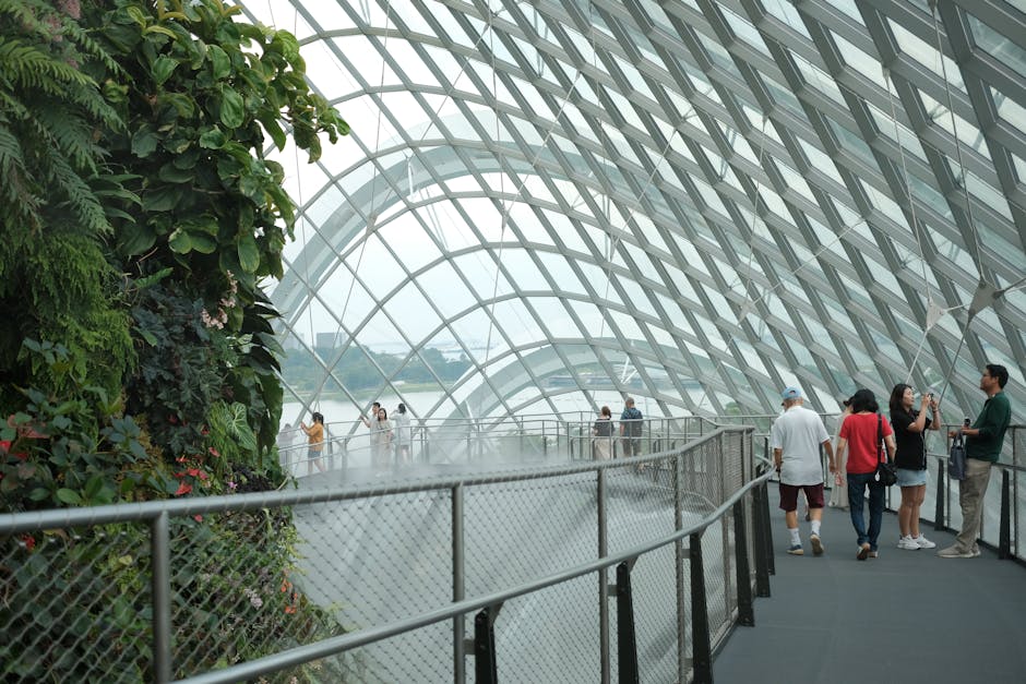 Visitors walk through the misty Cloud Forest Dome at Gardens by the Bay in Singapore, showcasing lush greenery and modern architecture.